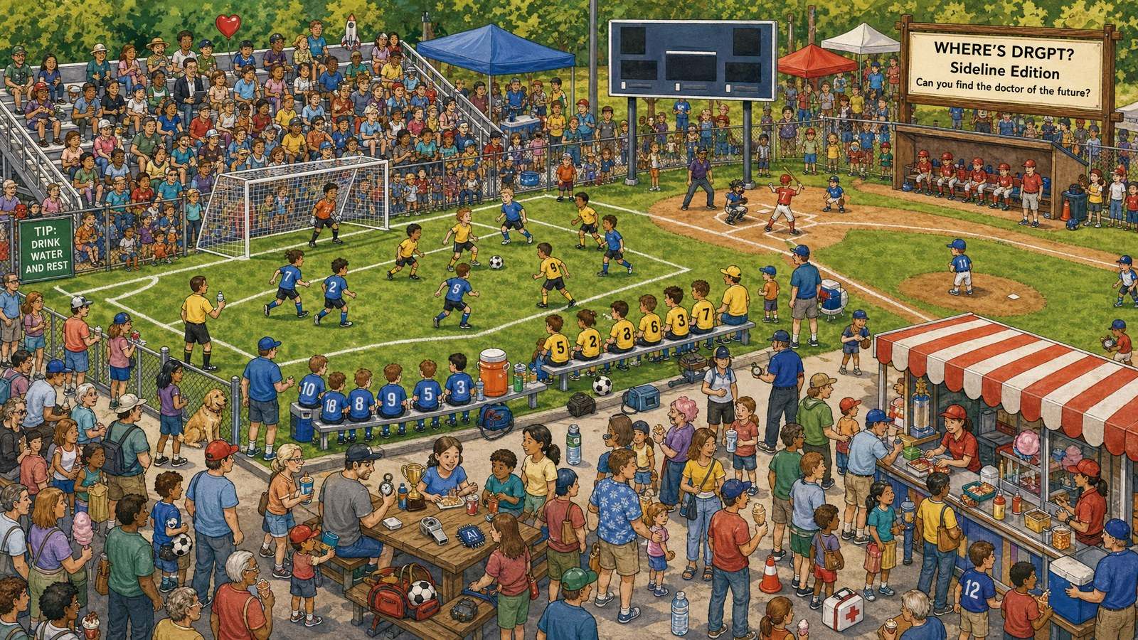 Hand-drawn hidden-object illustration of a sunny youth sports complex: packed bleachers, a soccer game, a baseball diamond, team tents and a snack stand. A sign reads "Where's DrGPT? Sideline Edition" and a green sign reads "Tip: Drink water and rest."